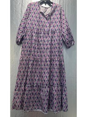 XXL Boho Purple Geometric Diamond Print Midi Dress Bubble Sleeve